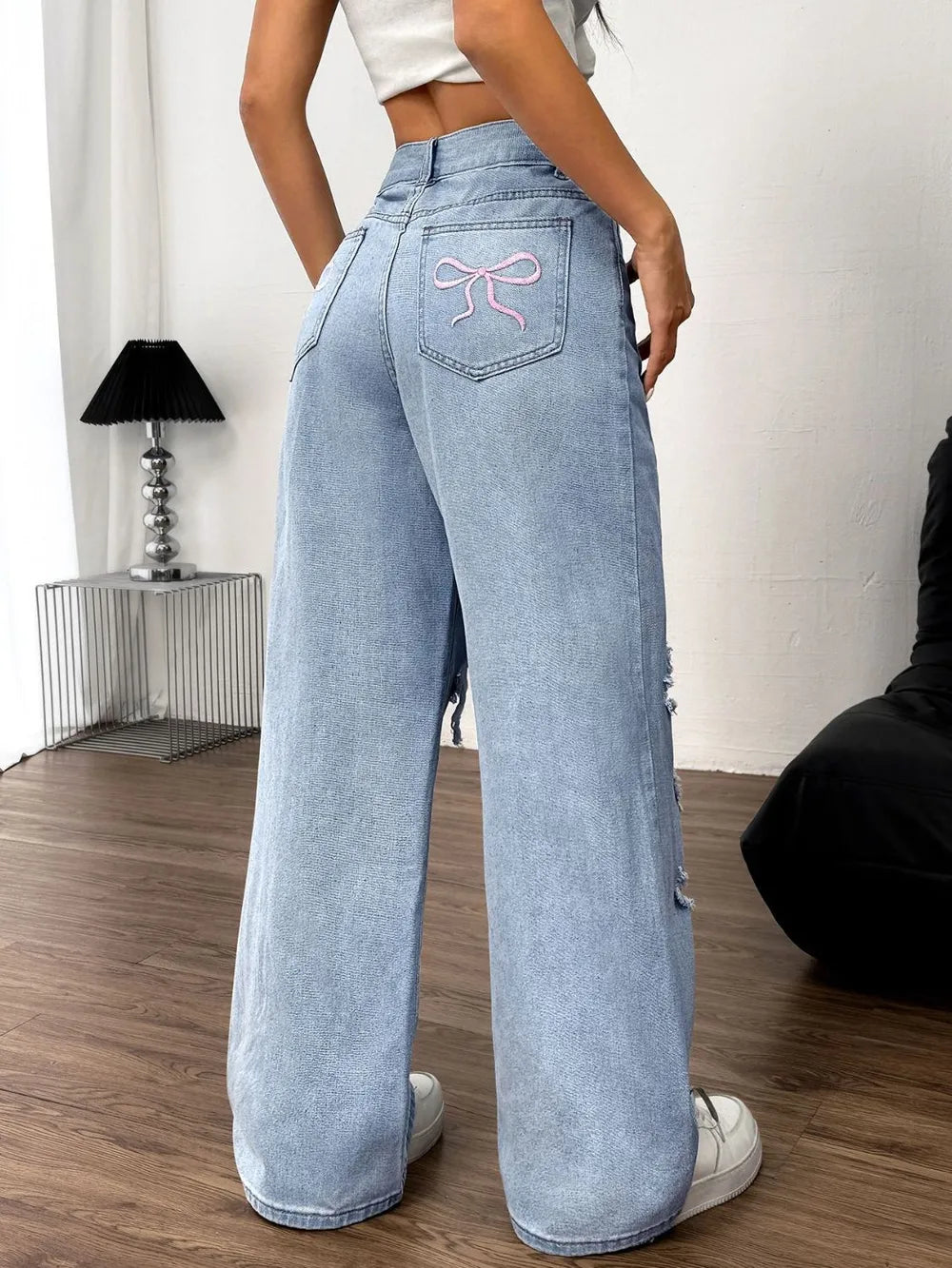 Distressed Wide Leg Jeans with Pockets - Harajuku Style