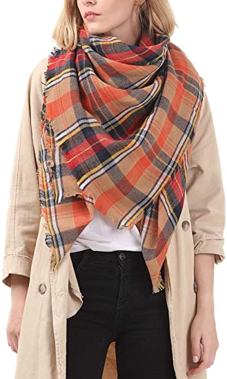 Playful Oversized Women's Scarf - Grey Brown Tartan