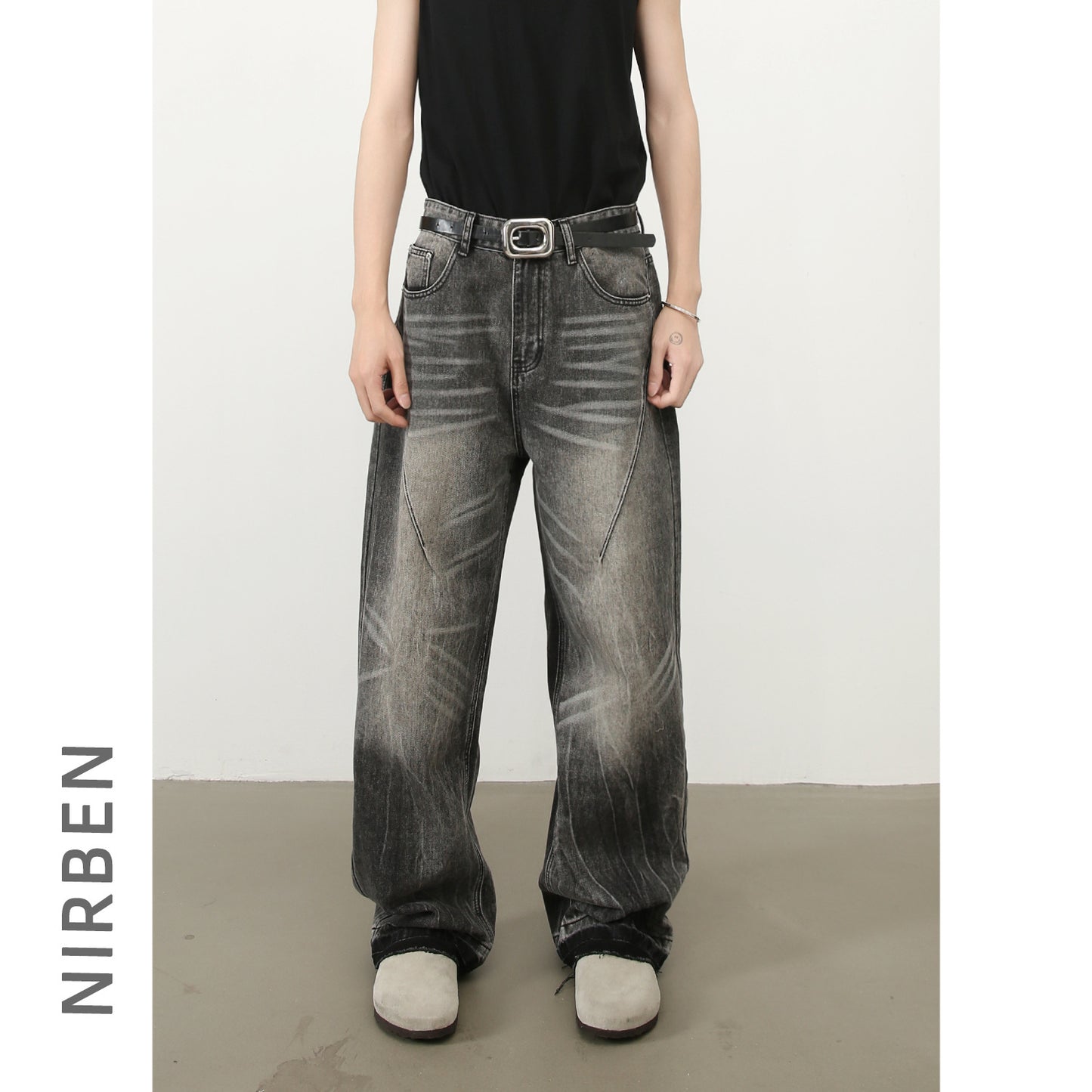 Nirben Denim | Frayed Hem Gray Loose Straight Jeans