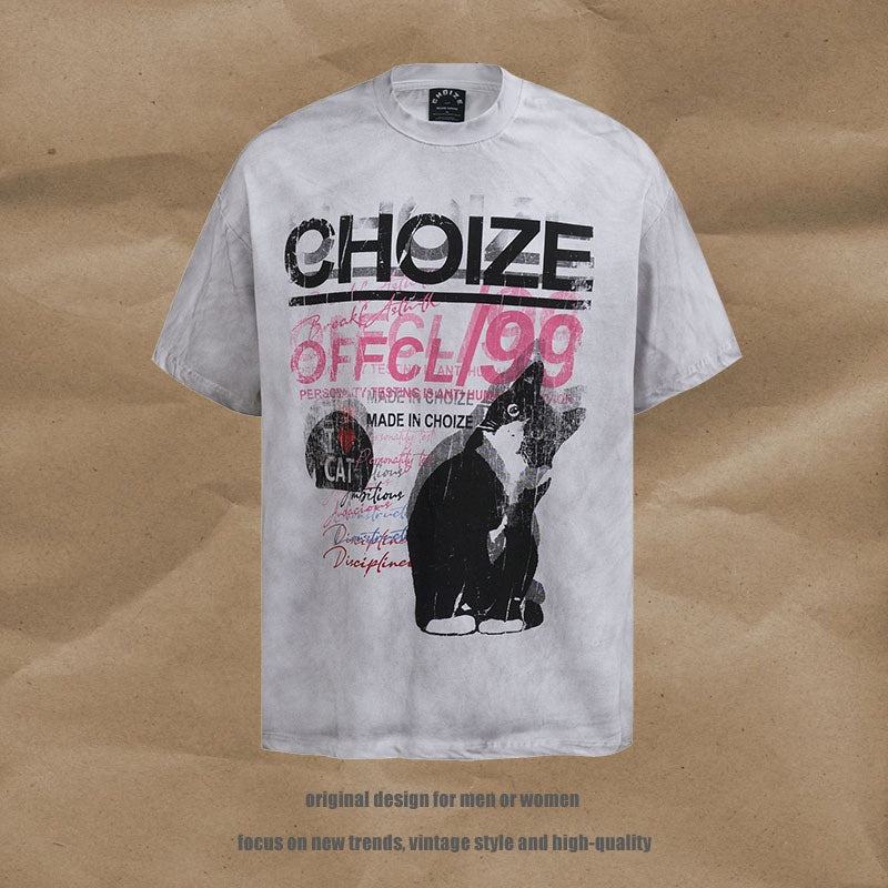 Vintage Cat Print Distressed Loose Fit T-Shirt for Men