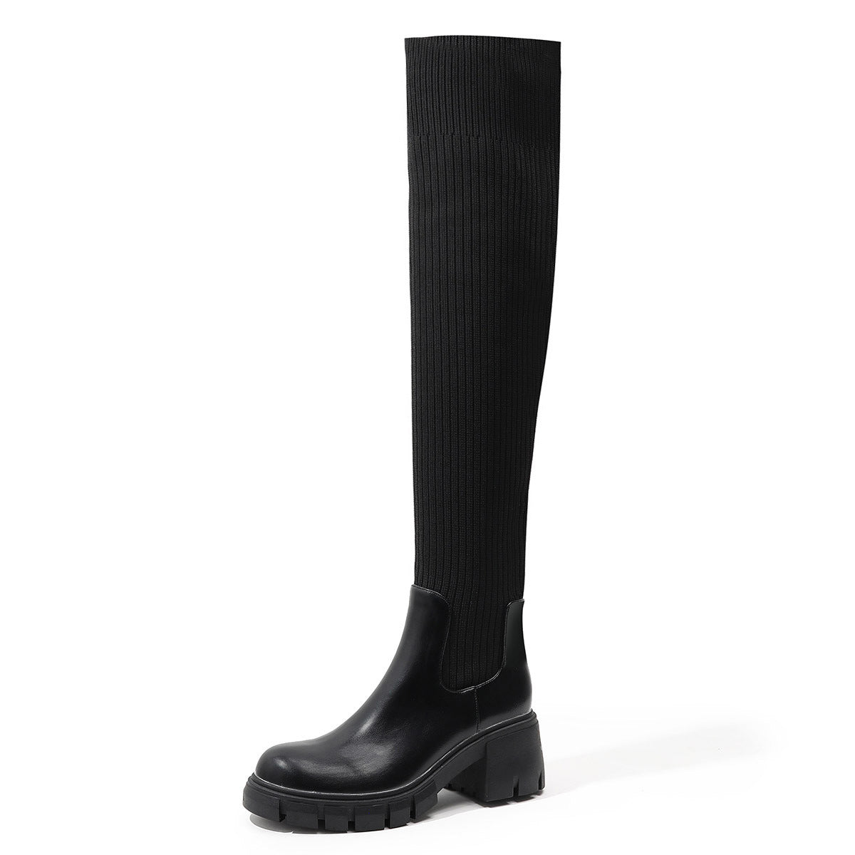 British Style Thick-Heeled Wool Over-The-Knee Boots