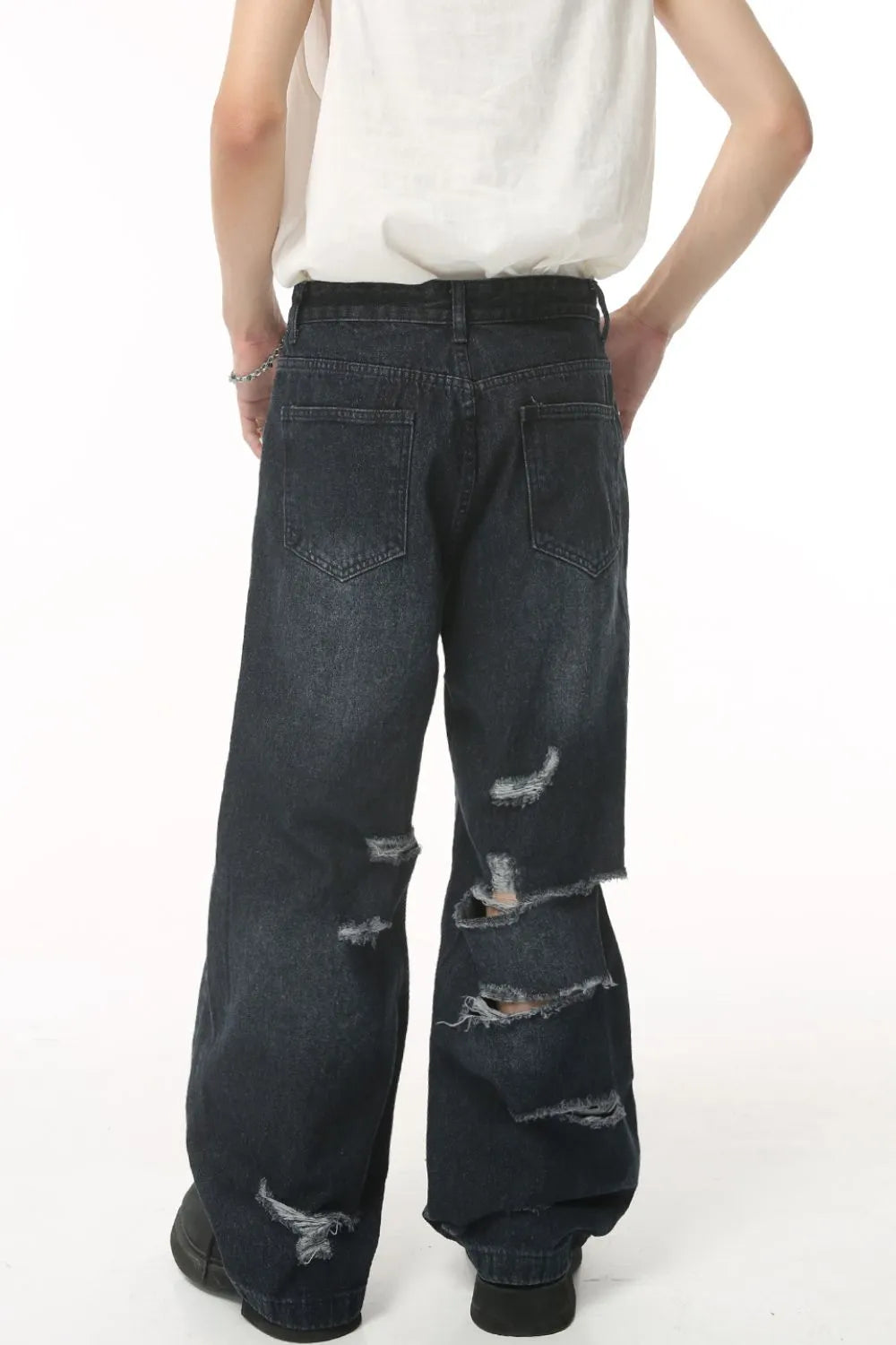 Distressed Wide Leg Pocketed Men's Jeans - Harajuku Style