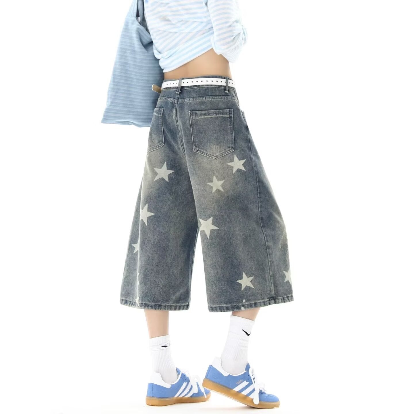 Harajuku Vintage Distressed Star Print Loose 7/8 Length Denim Shorts — Harajuku Street Fashion