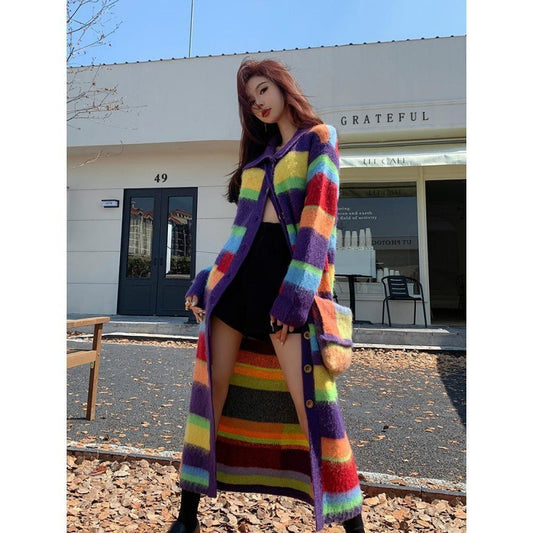 Rainbow Striped Sweater Coat for Women - Autumn & Winter