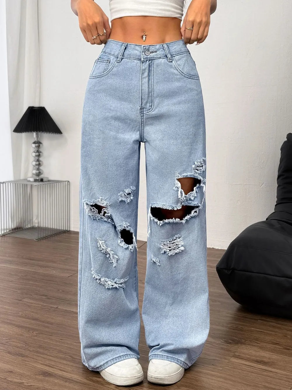Distressed Wide Leg Jeans with Pockets - Harajuku Style