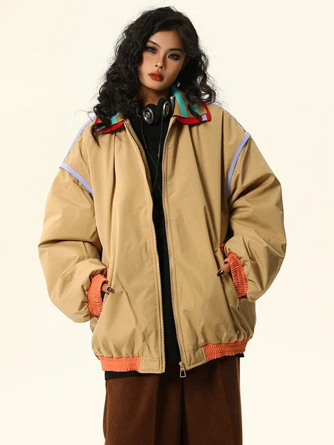 Chic Contrast Color Padded Coat - Harajuku Style