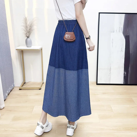 Vintage Color Block A-Line Denim Skirt for Women