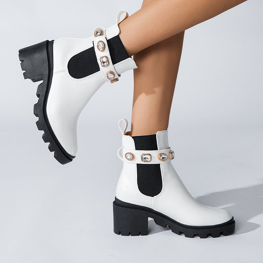Rhinestone Round Head Mid-Thigh Elastic Boots for Women