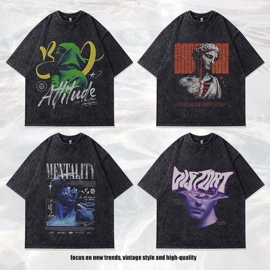 Washed Vintage Cartoon Print Short Sleeve T-Shirt for Men