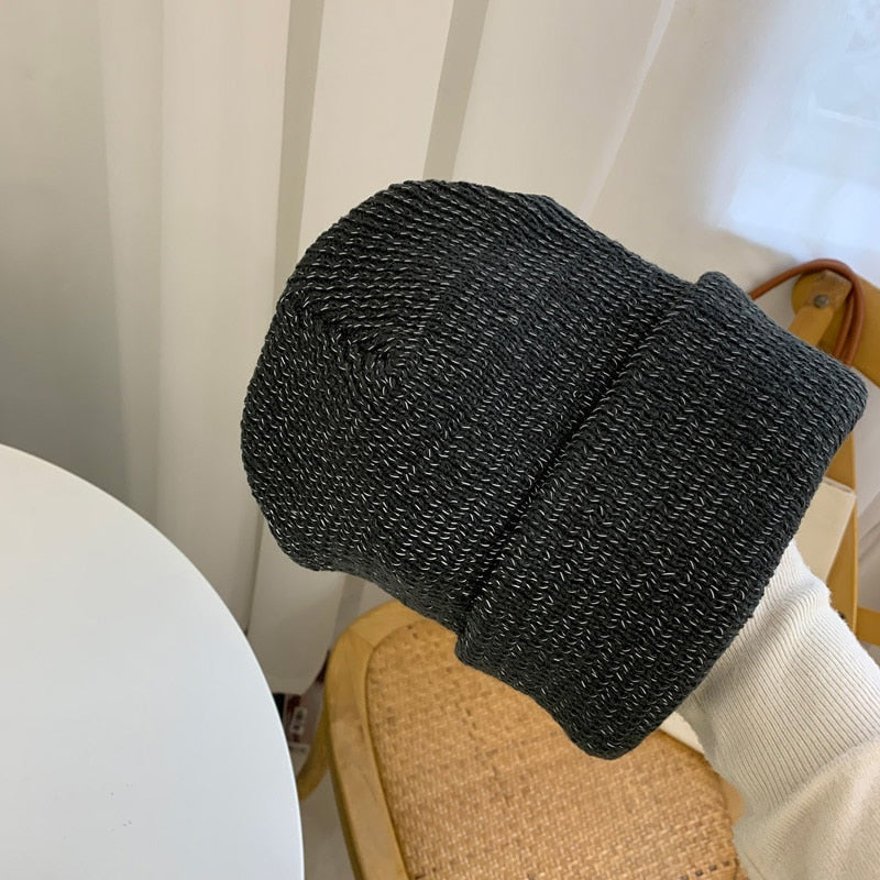 Harajuku Style Reflective Beanie Hat - Black & Grey