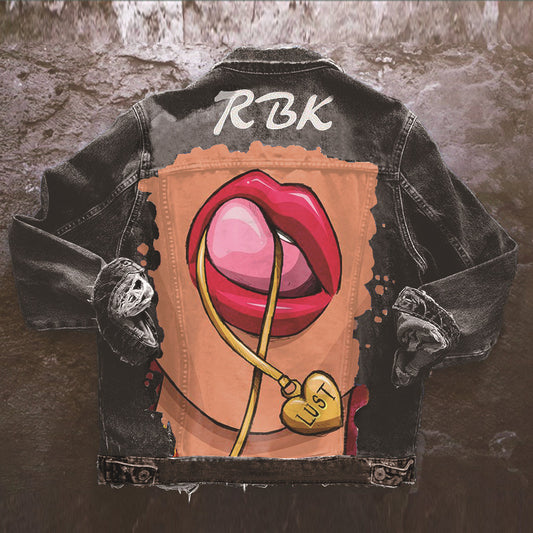 Playful Tongue-Out Print Denim Jacket