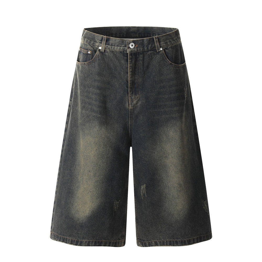 Retro Distressed Denim Three-Quarter Pants for Men