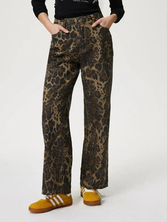 Retro Leopard Print Straight Leg Denim Pants