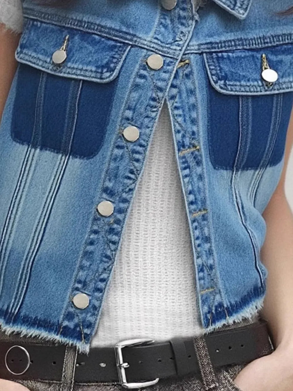 Raw Hem Pocketed Contrast Sleeveless Denim Jacket