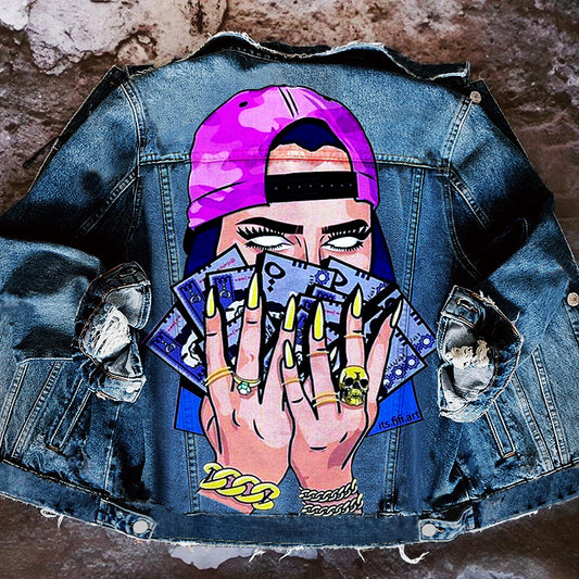 Harajuku Style Tongue Out Print Denim Jacket for Women