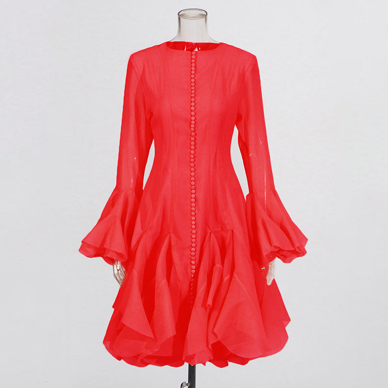 Harajuku Style Ruffled Mid-Length Dress with Trumpet Sleeves