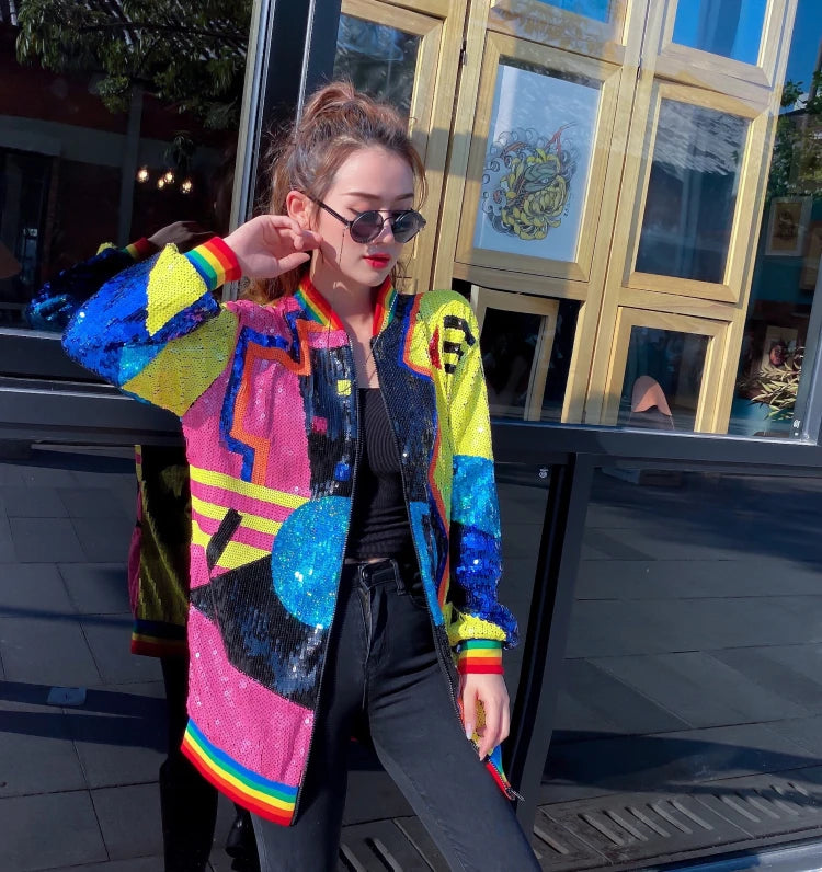 Playful Geometric Print Long Sleeve Jacket for Women