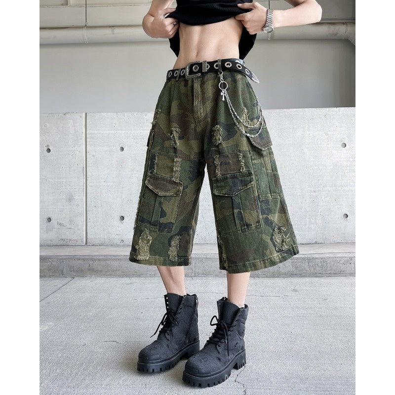 Washed Pocket Workwear Camouflage Seven Quarter Casual Shorts