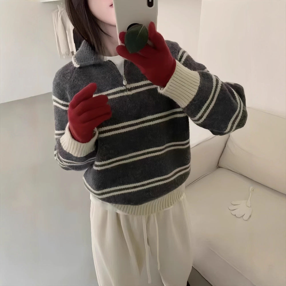 Striped Polo Neck Crewneck Sweater for Women, Half-Zip Turn-Down Collar Soft Knit Top