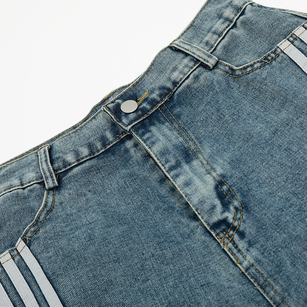Three-Stripe Curved Knife Denim Shorts - Harajuku Style