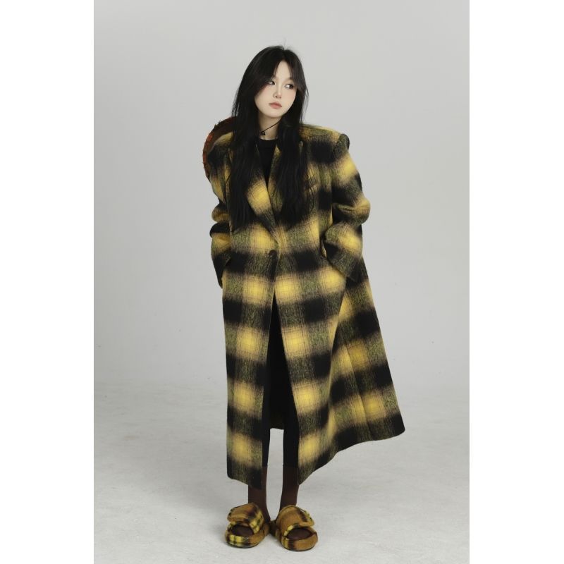 Chic Yellow Plaid Woolen Coat - Harajuku Style