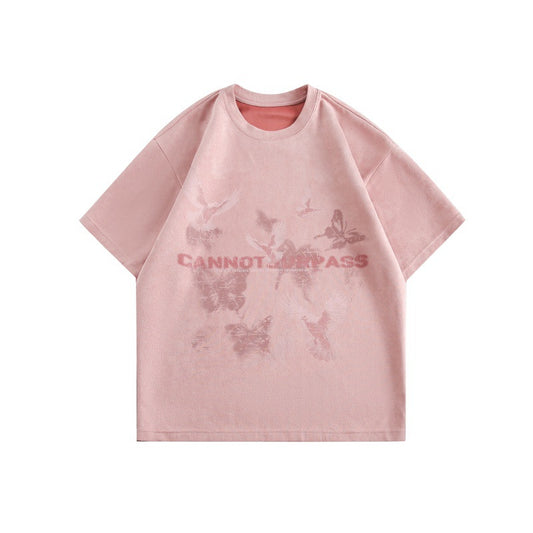 Butterfly Letter Printed Suede Short Sleeved T-Shirt for Men