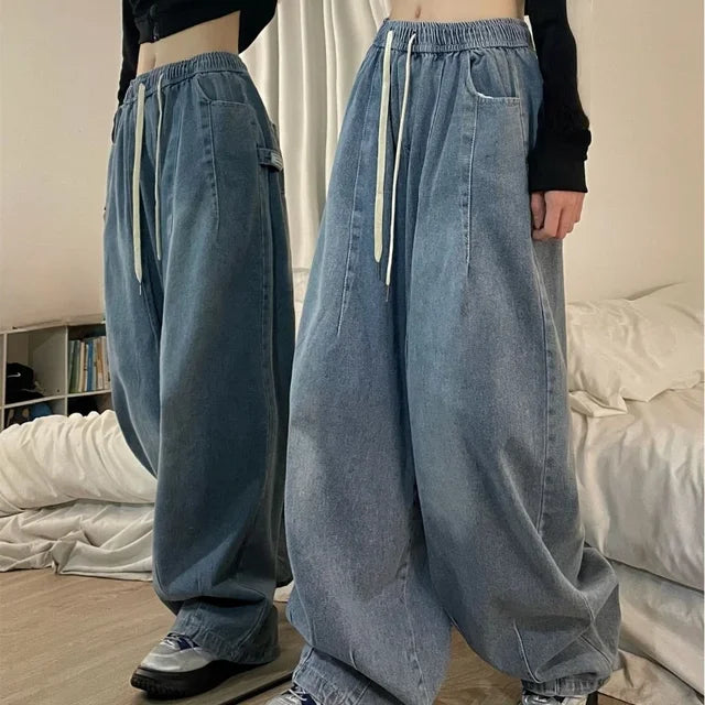 Playful Vintage Baggy Jeans for Women - Elastic Waist Oversized Denim