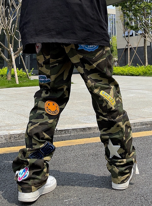 Harajuku Style Camo Cargo Pants with Embroidered Smiley Face