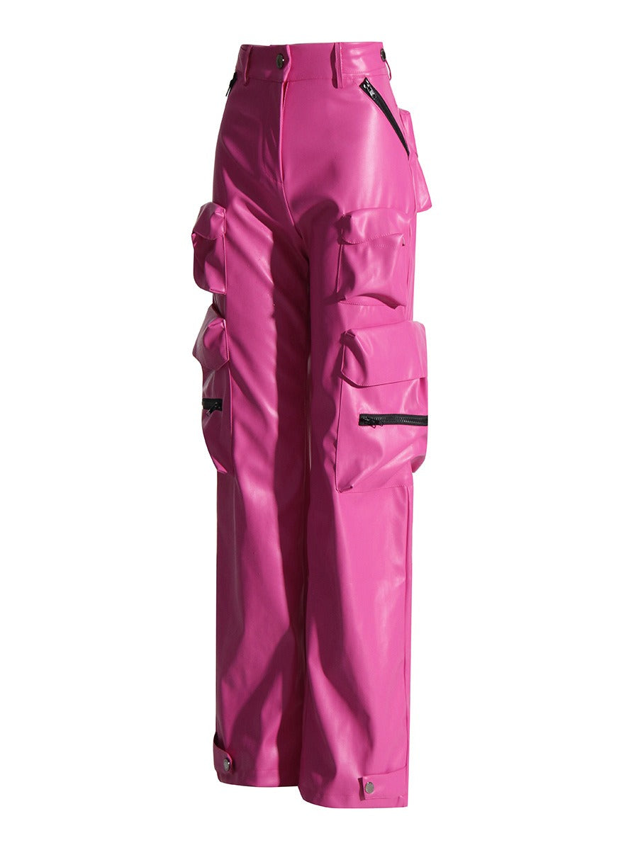 Autumn 2023 High-Waisted PU Leather Long Pants