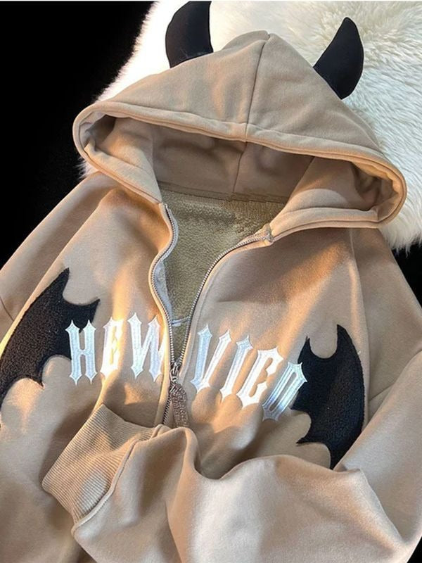 Playful Hooded Zippered Jacket with Cow Horn Patch