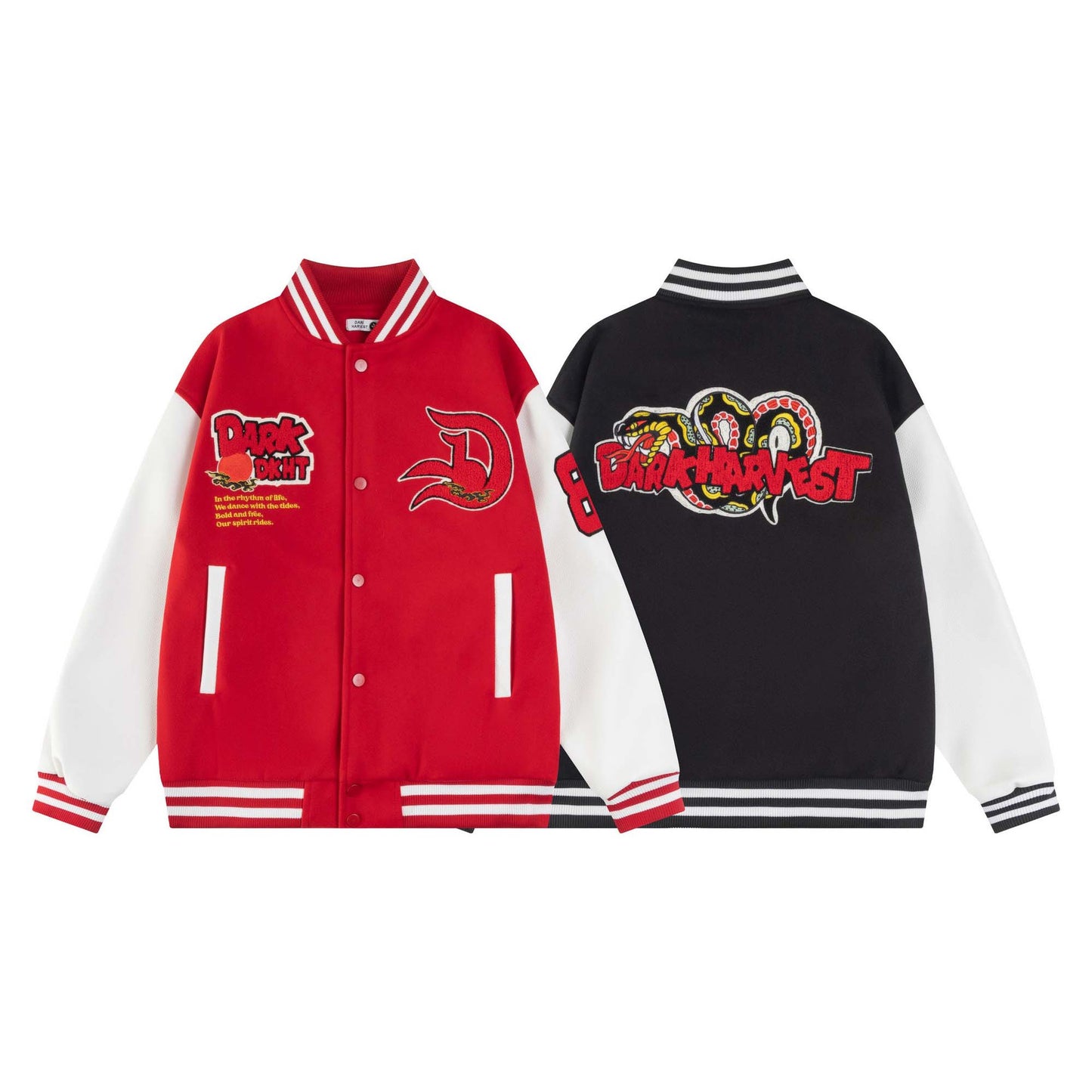 Unisex Collage Color Leather Snake Letter Bomber Jacket