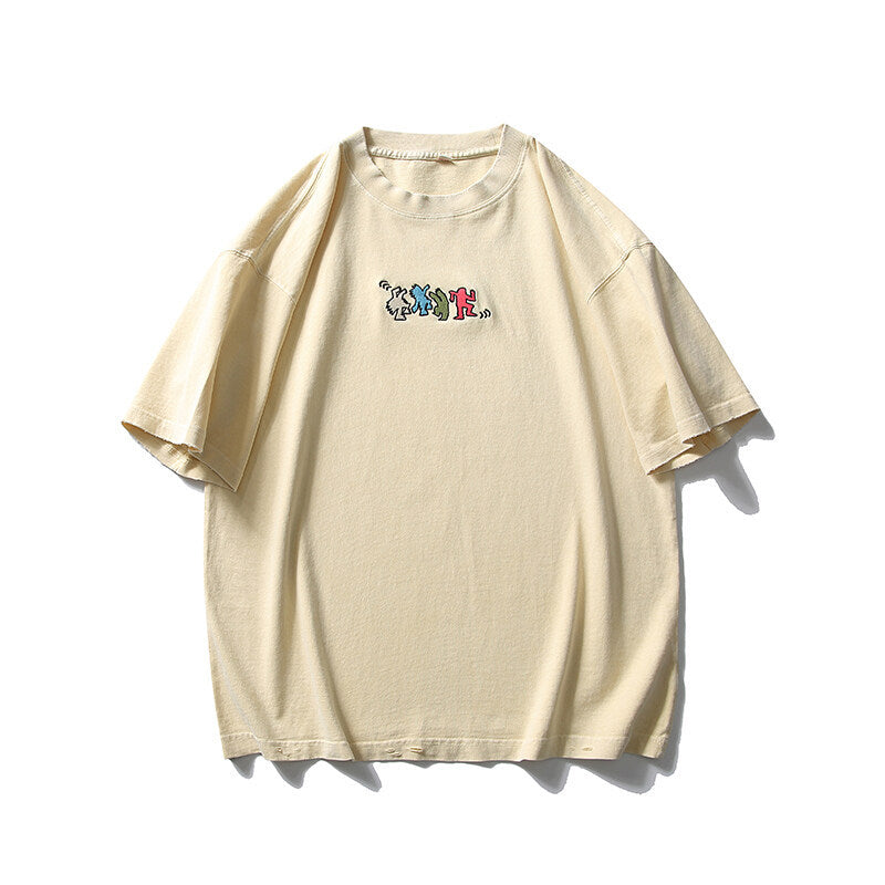 Harajuku Style Embroidered Round Neck Short Sleeved Shirt