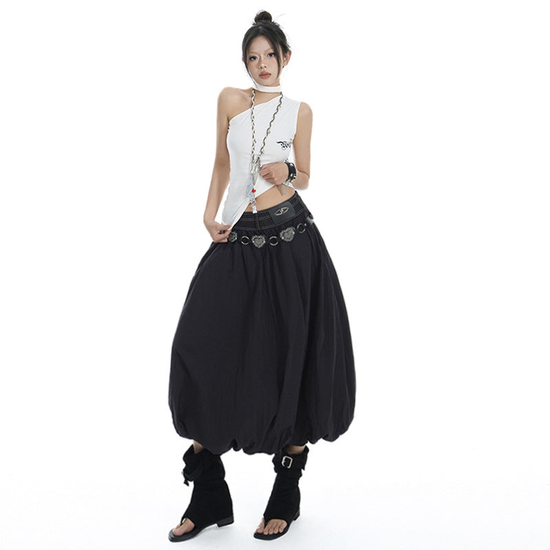 Women's Elastic High Waist Pleated Bubble Skirt A-line Loose Lantern Skirt