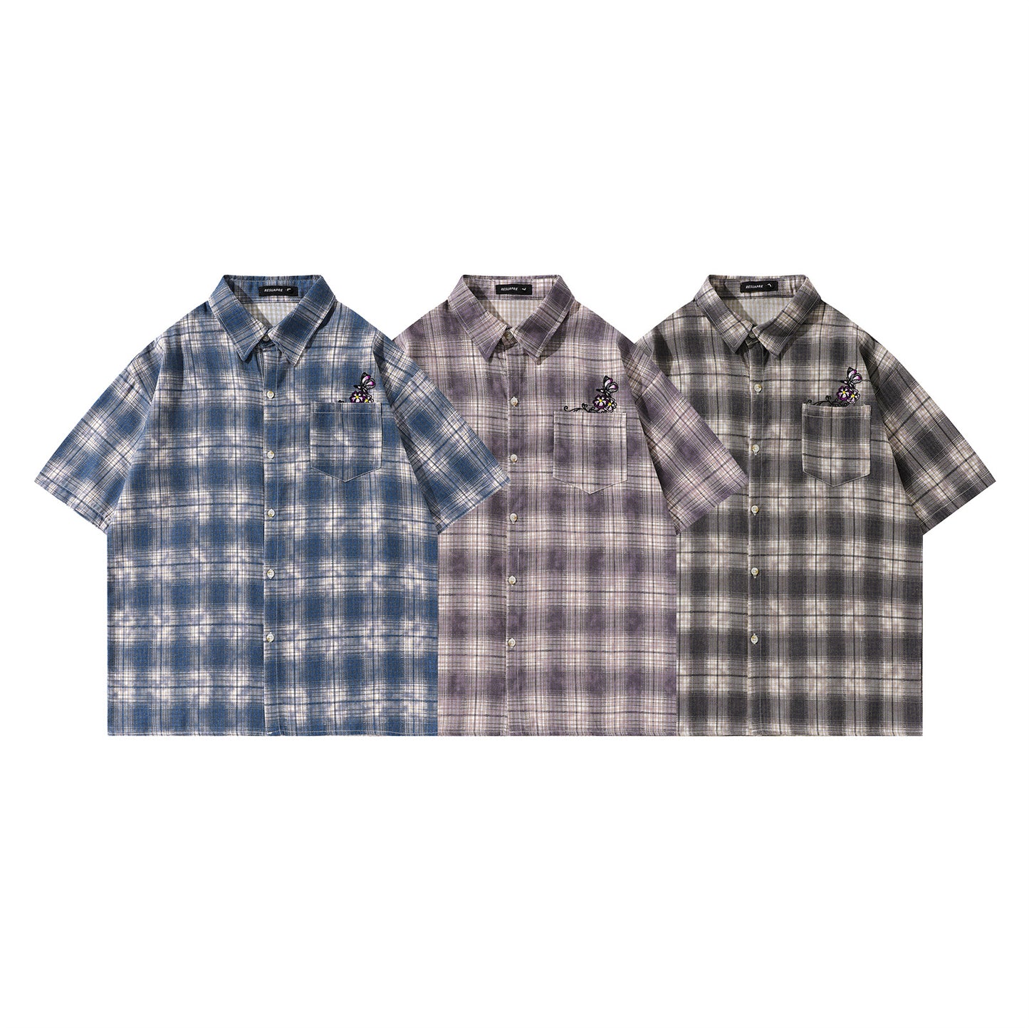 Retro Butterfly Embroidery Casual Plaid Shirt