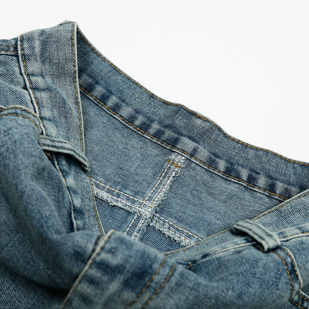 Three-Stripe Curved Knife Denim Shorts - Harajuku Style