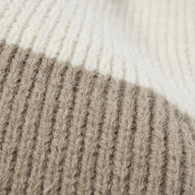 Playful Color Block Knit Hat with Pom-pom