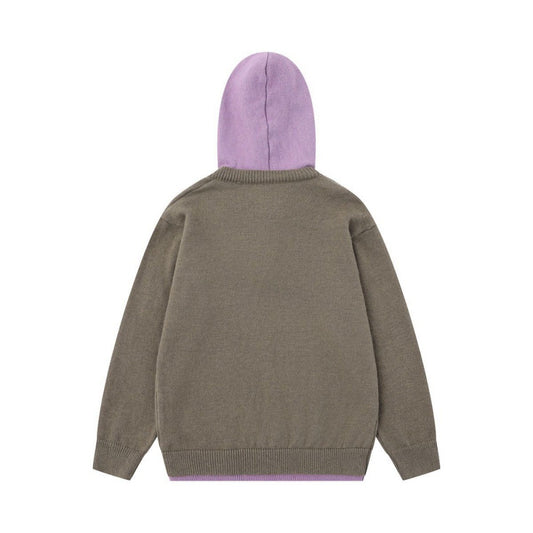 Fake Two-Piece Spliced Contrasting Hooded Knitted Sweater