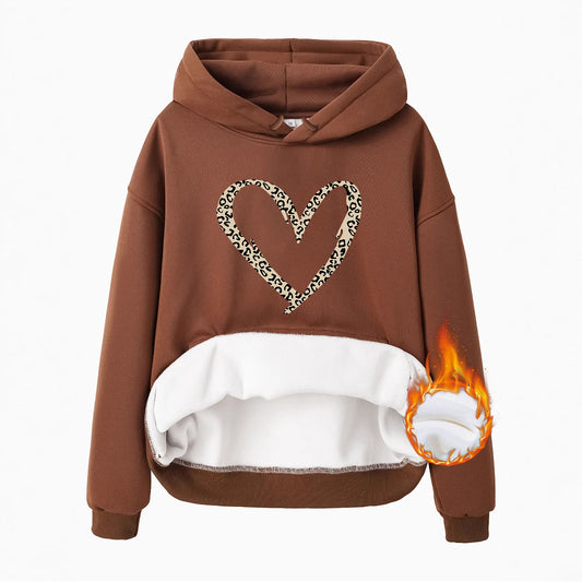 Hooded Long Sleeve Fleece Hoodie with Kangaroo Pocket and Heart-Shaped Print