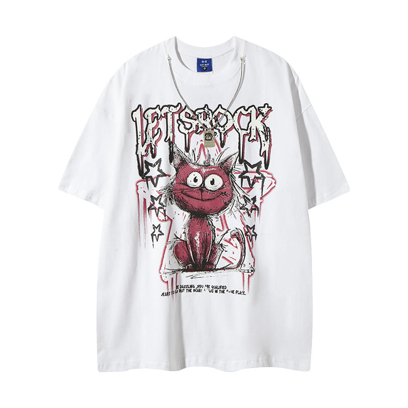 Playful Cartoon Cat Graffiti T-Shirt with Necklace
