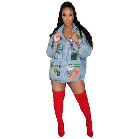 Harajuku Multi-Label Washed Denim Jacket for Women