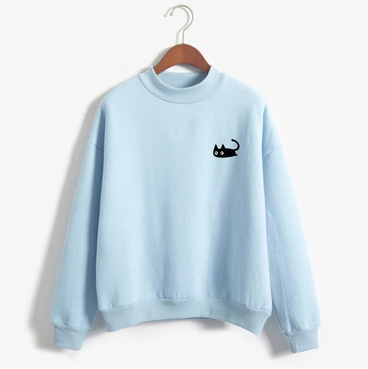Kawaii Black Cat Turtleneck Sweatshirt for Women