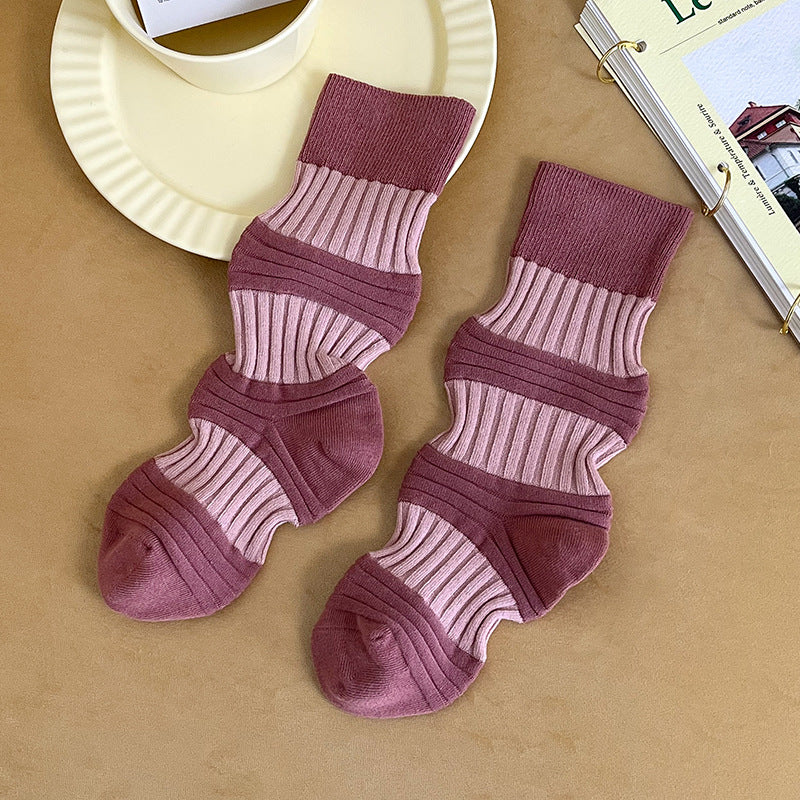 Harajuku Style Pleated Mid-Tube Socks - Contrast Color Cotton