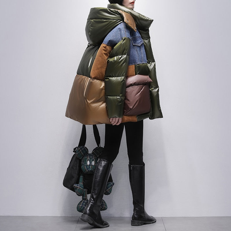 Harajuku Style Contrasting Color Denim Stitching Down Jacket