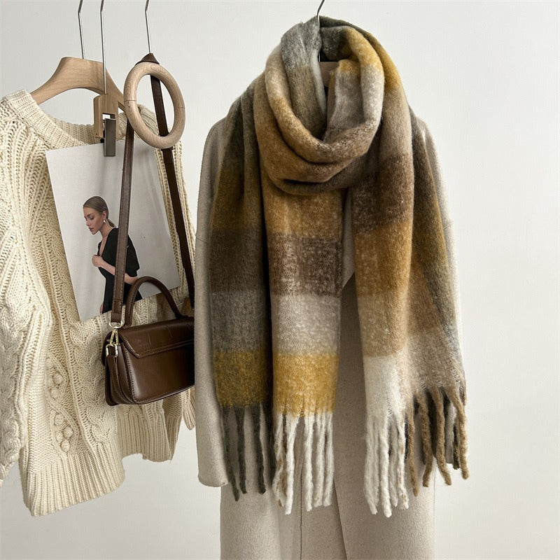 Harajuku-Inspired Mohair Plaid Scarf with Tassels