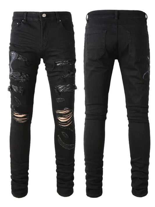 Men's Slim Jeans with Washed Snake Embroidery