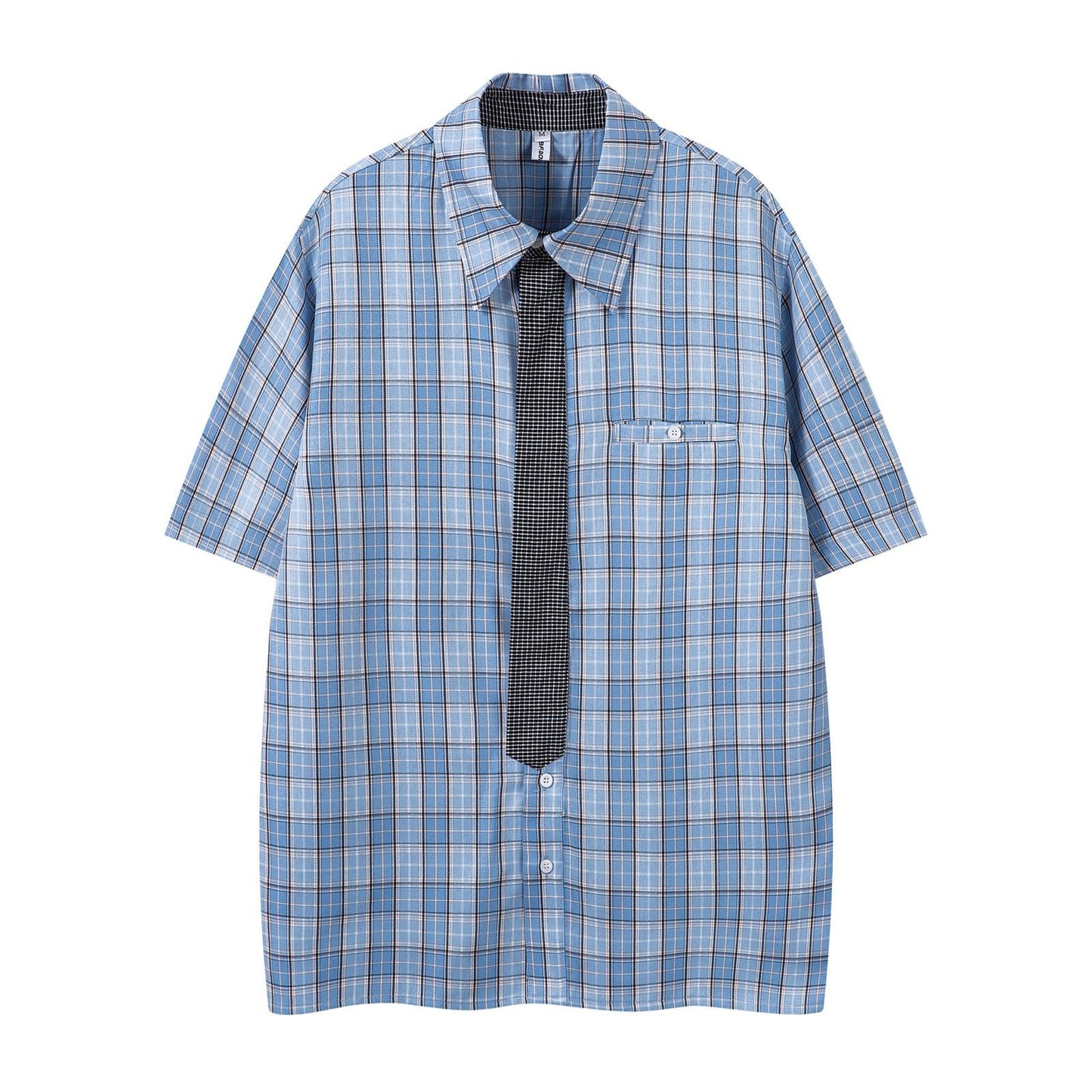Harajuku Plaid Collar Tie Short Sleeve Shirt Unisex