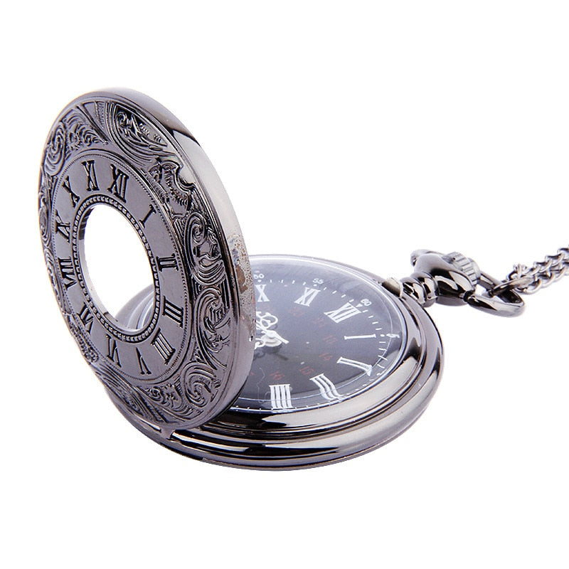 Vintage Roman Numerals Quartz Pocket Watch with Chain
