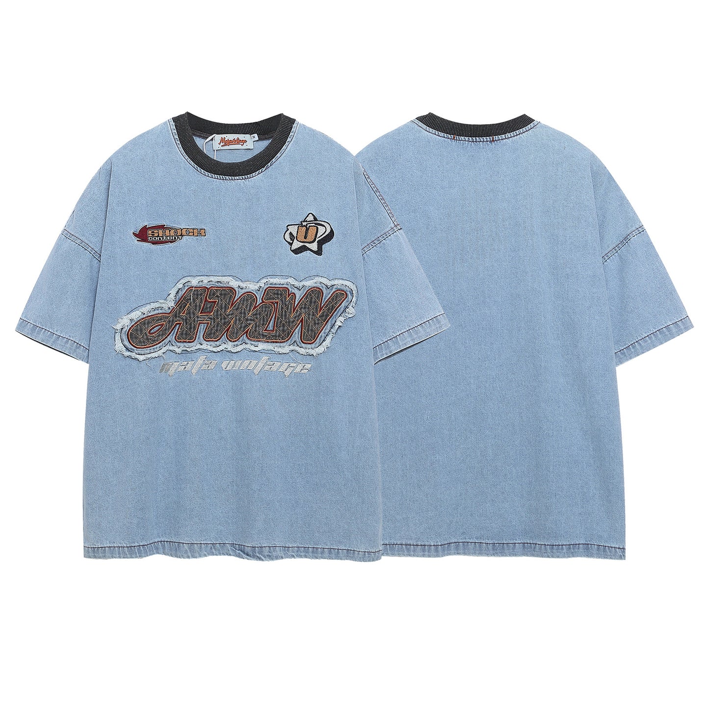 Washed Color Block Letter Patch Embroidery Denim T-Shirt