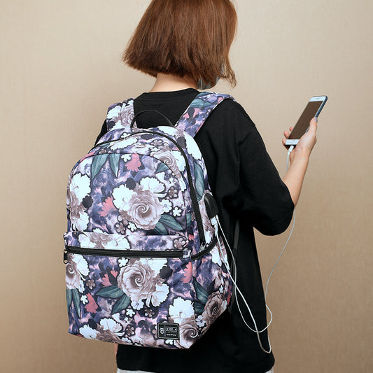 Peony Print Large Capacity USB Backpack