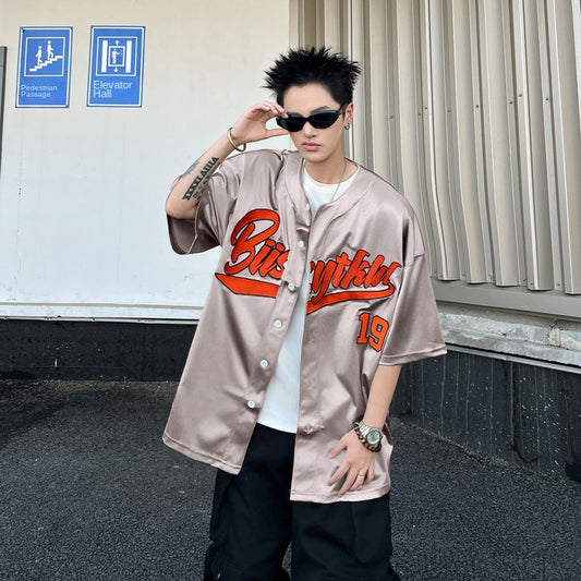 Satin Baseball Short Sleeved Printed Shirt